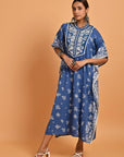 Blue Cotton Printed Kaftan Kurta with Embroidery - Lakshita