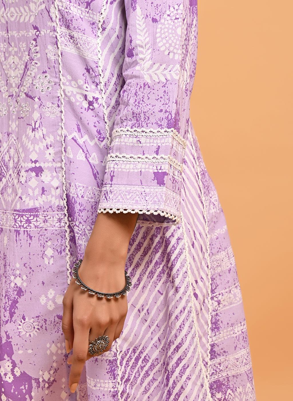 Purple Printed Short Kurti for Women with Lace Detailing - Lakshita