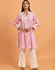 Pink Printed Short Kurti for Women with Lace Detailing - Lakshita