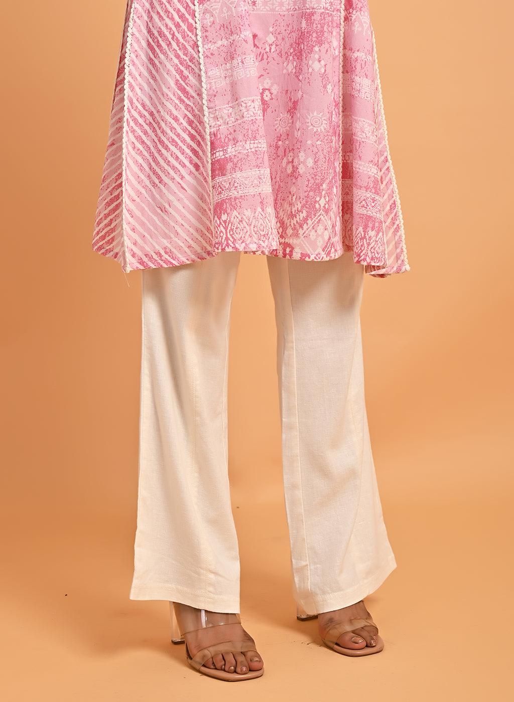 Pink Printed Short Kurti for Women with Lace Detailing - Lakshita