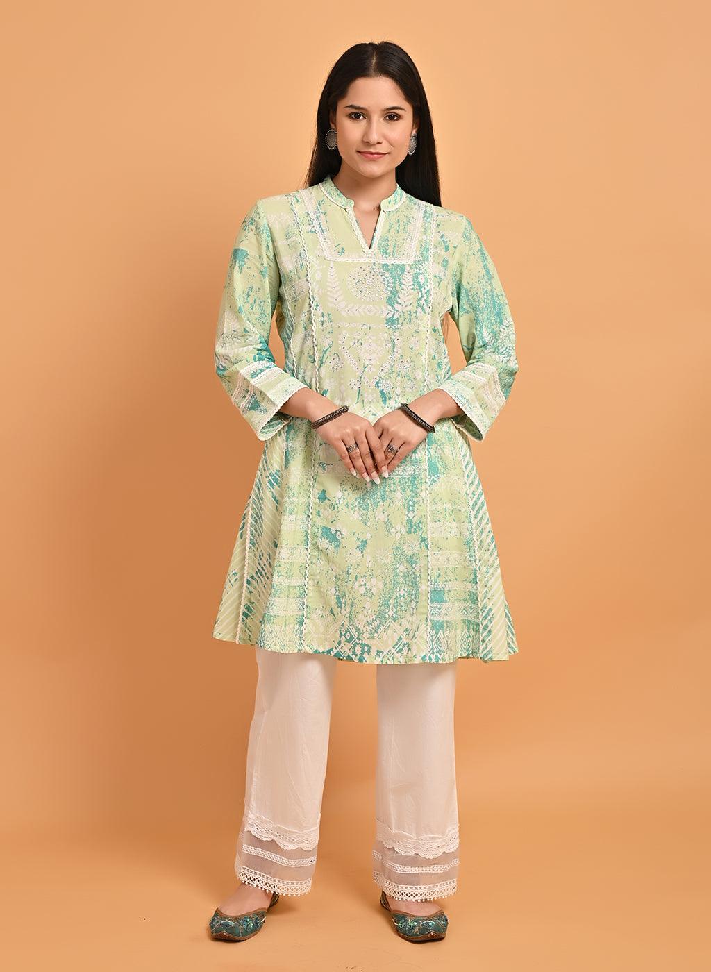 Green Printed Short Kurti for Women with Lace Detailing - Lakshita