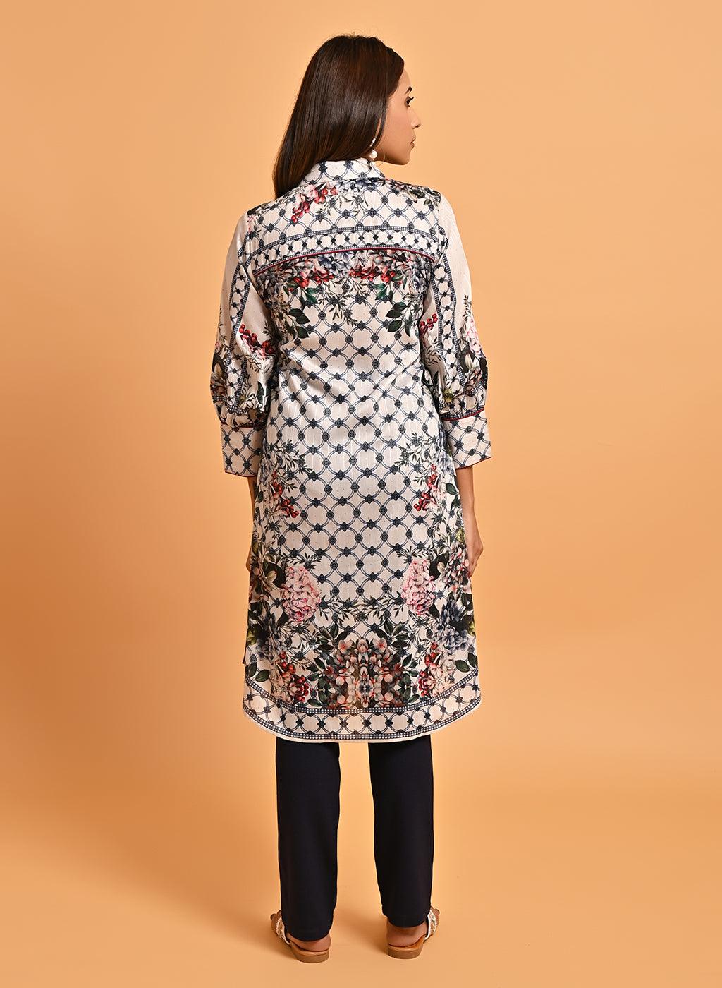 Ivory Floral Printed Button Down Kurti with Sequin Work - Lakshita