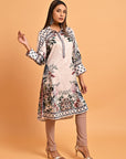 Pink Floral Printed Button Down Kurti with Sequin Work - Lakshita