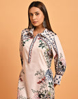 Pink Floral Printed Button Down Kurti with Sequin Work - Lakshita