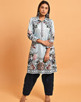 Spa Blue Floral Printed Button Down Kurti with Sequin Work - Lakshita