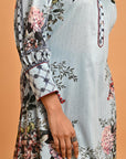 Spa Blue Floral Printed Button Down Kurti with Sequin Work - Lakshita
