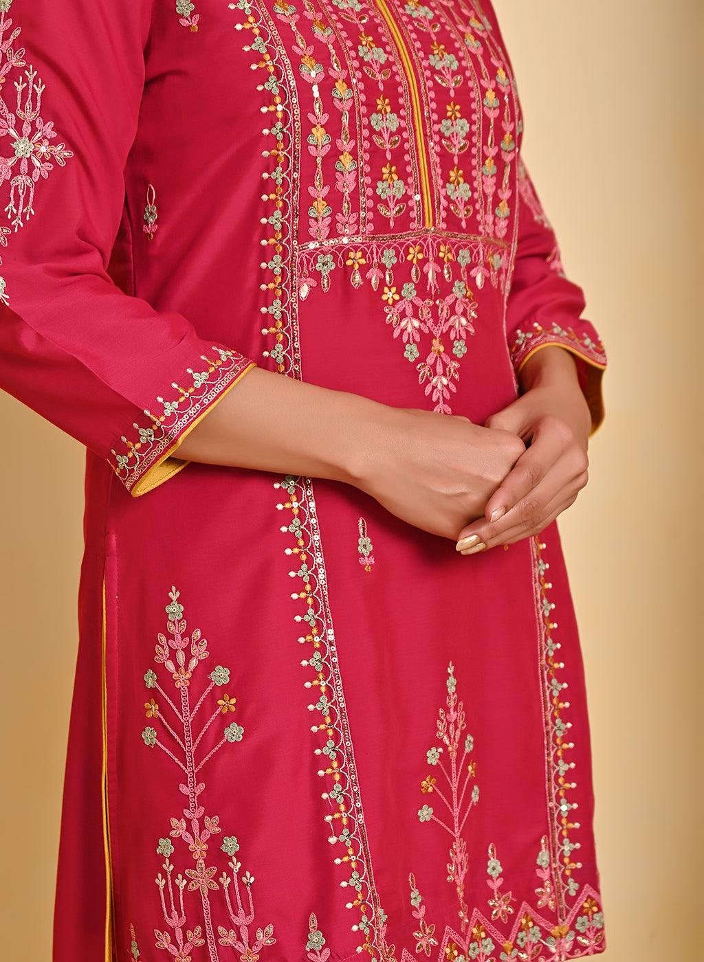 Red Embroidered Thigh-length Kurti with 3/4th Sleeves - Lakshita