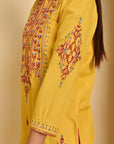 Mustard Embroidered Thigh-length Kurti with 3/4th Sleeves - Lakshita