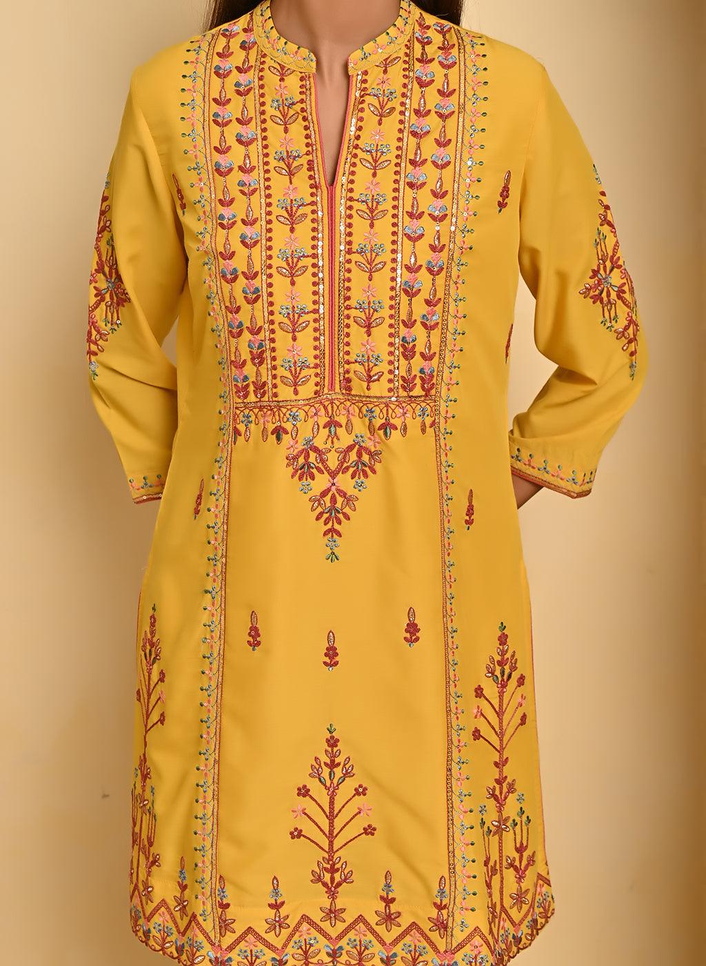 Mustard Embroidered Thigh-length Kurti with 3/4th Sleeves - Lakshita