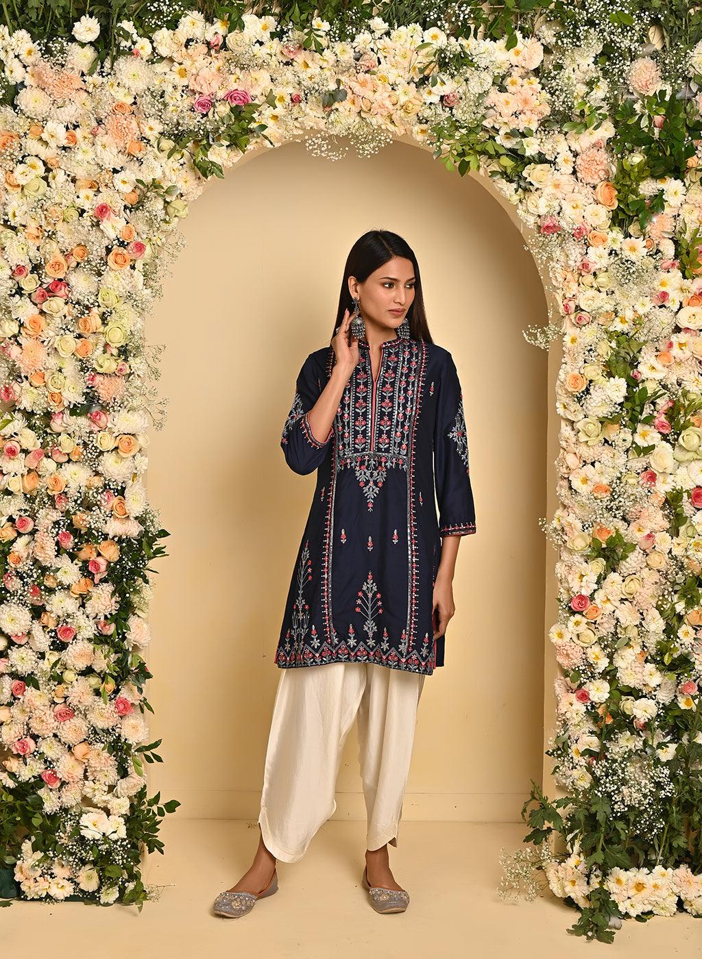 Navy Blue Embroidered Thigh-length Kurti with 3/4th Sleeves - Lakshita