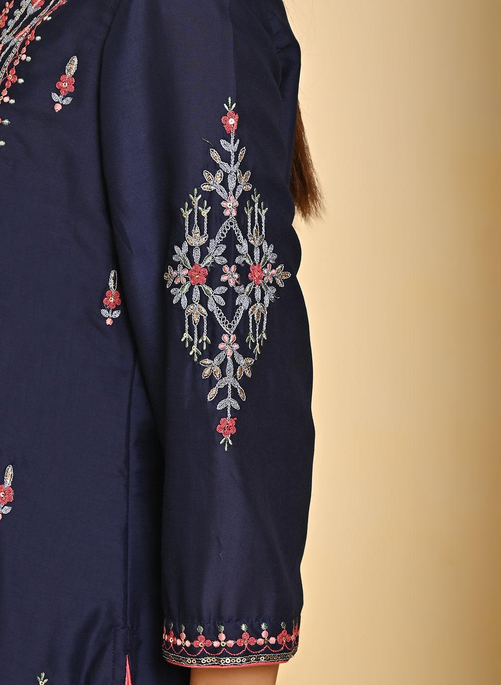 Navy Blue Embroidered Thigh-length Kurti with 3/4th Sleeves - Lakshita