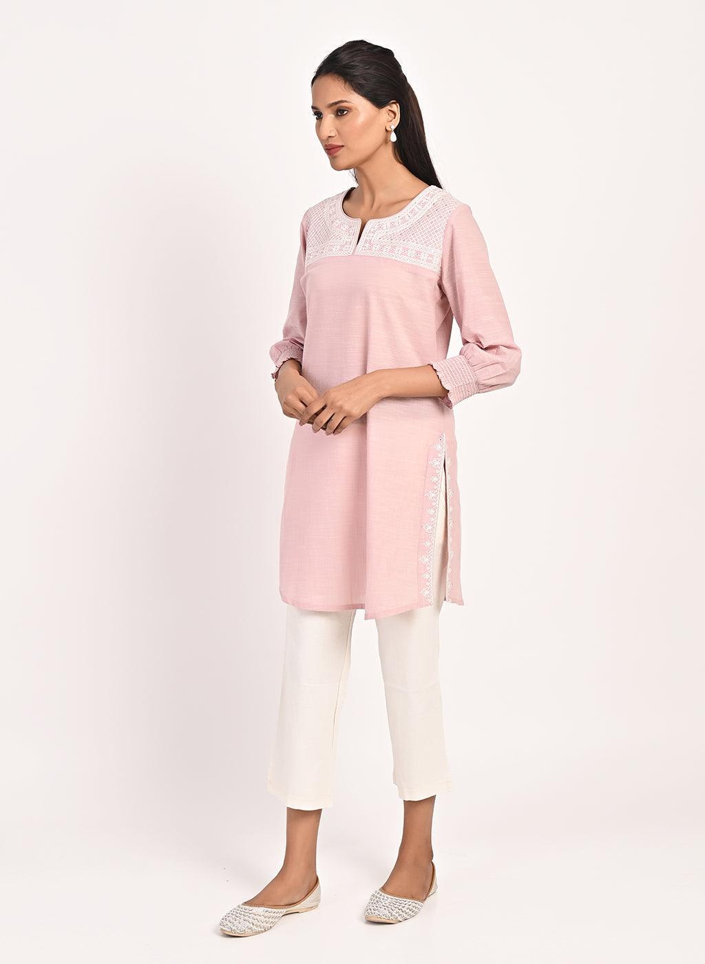 Pink Round Neck Embroidered Tunic-23SLK02756-18 – Lakshita