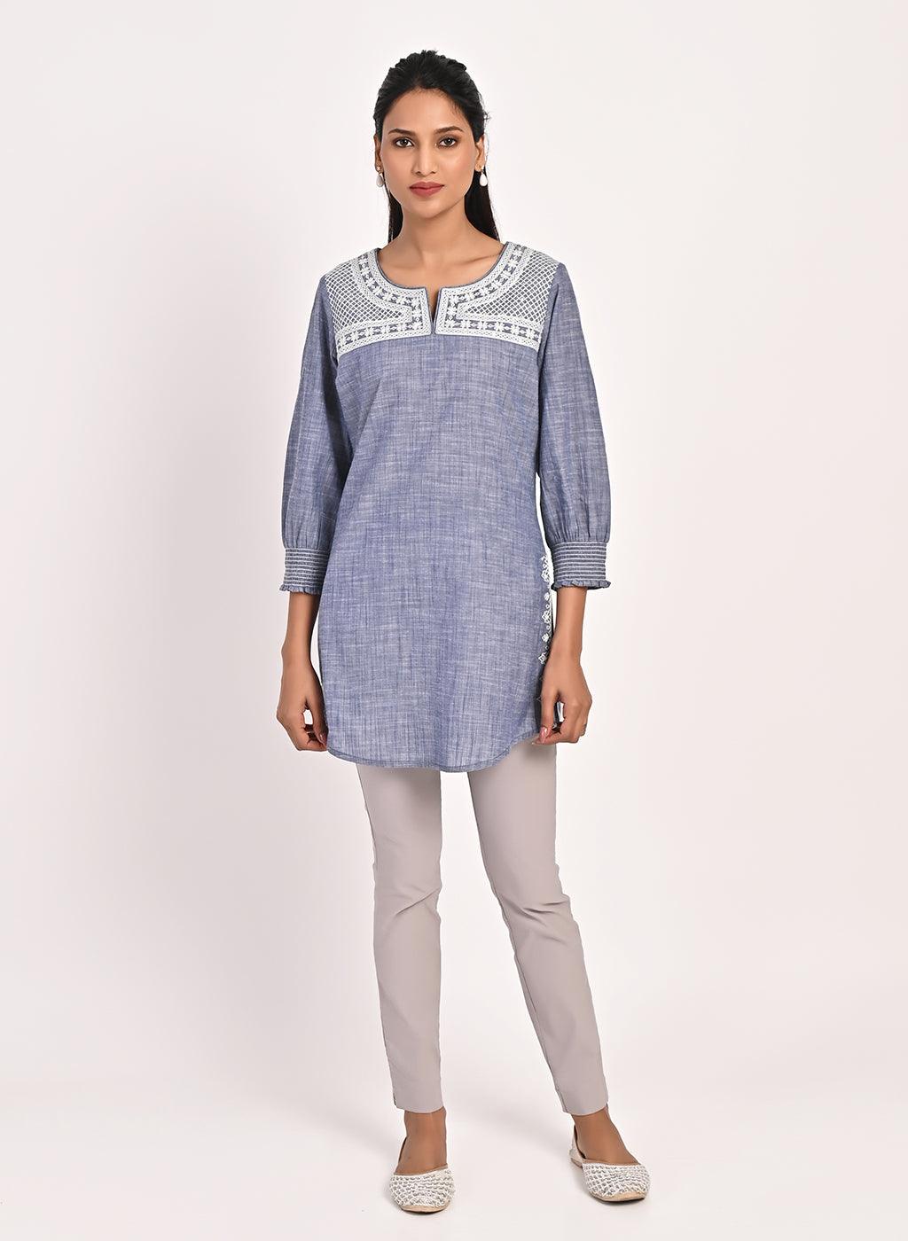 Navy Blue Round Neck Embroidered Tunic23SLK027564A Lakshita