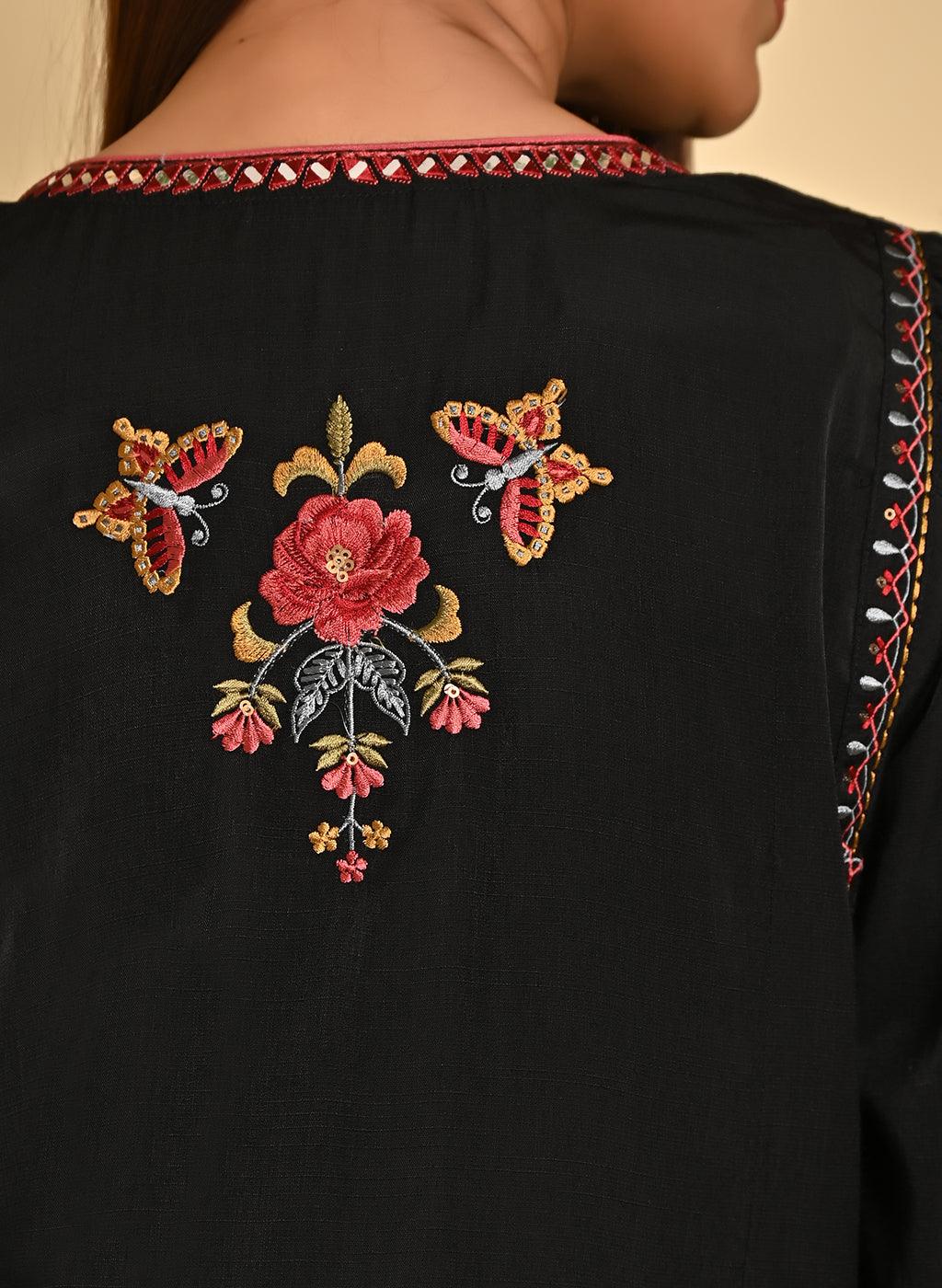 Black A-line Kurti with Floral Embroidery - Lakshita