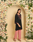 Black A-line Kurti with Floral Embroidery - Lakshita