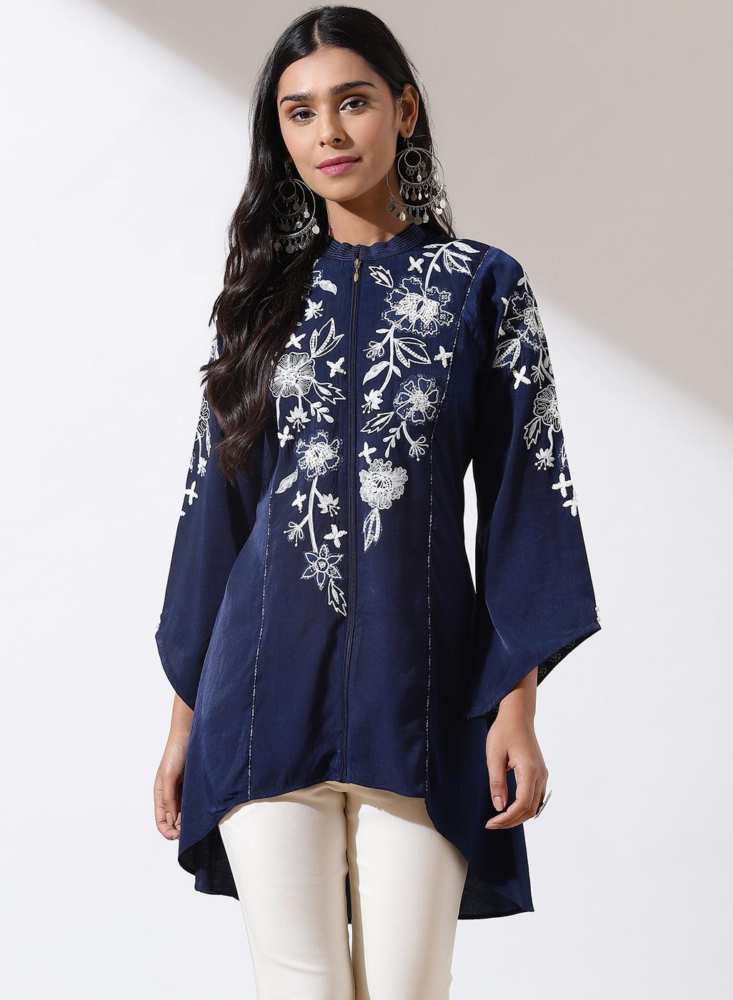 Navy Blue Embroidered Tunic with Flared Sleeves - Lakshita