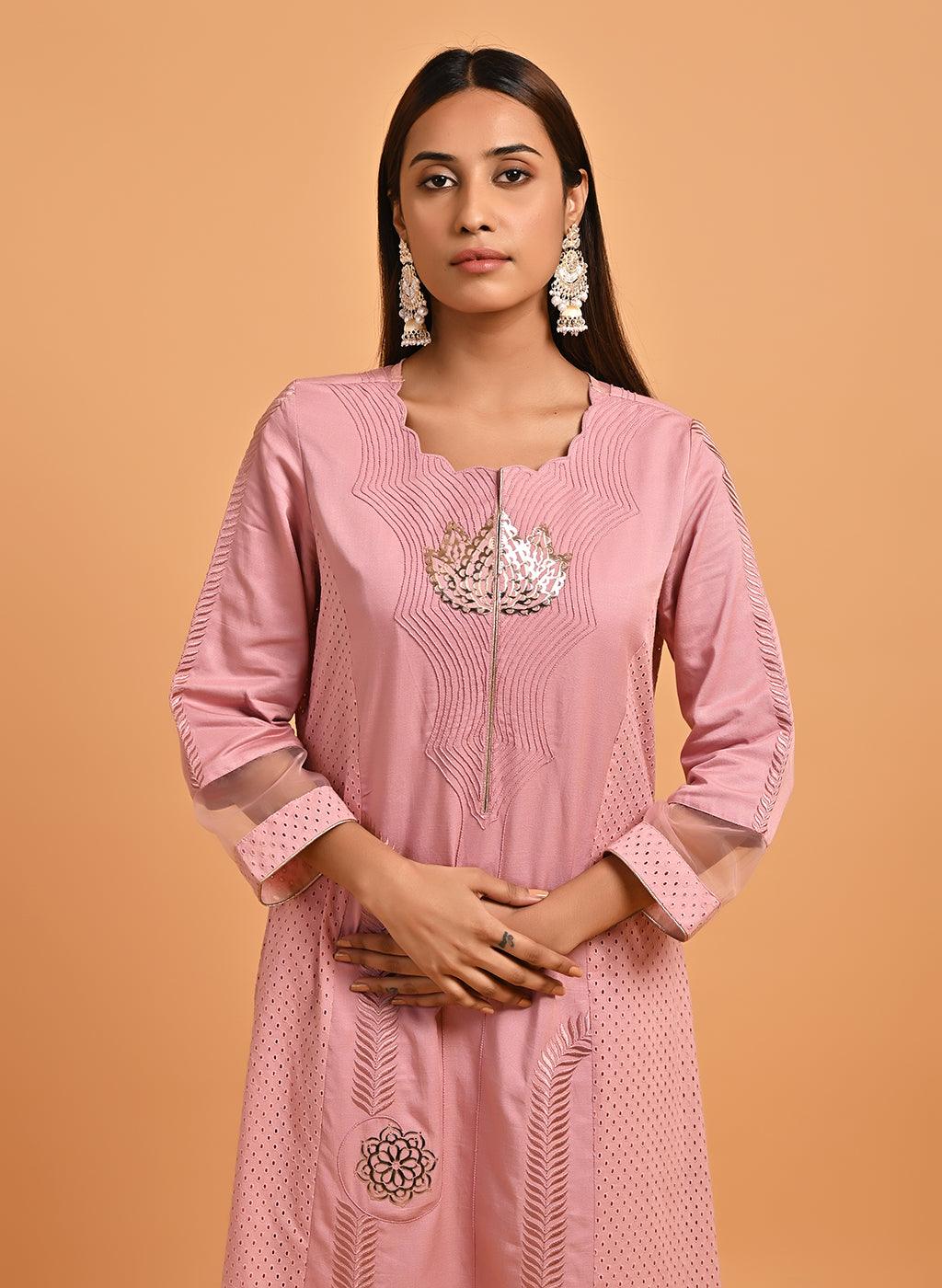 Pink Embroidered Cotton Kurta with 3/4th Sleeves and Asymmetrical Hem - Lakshita