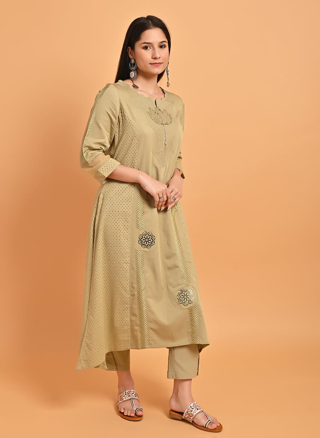 Apple Green Embroidered Cotton Kurta with 3/4th Sleeves and Asymmetrical Hem - Lakshita
