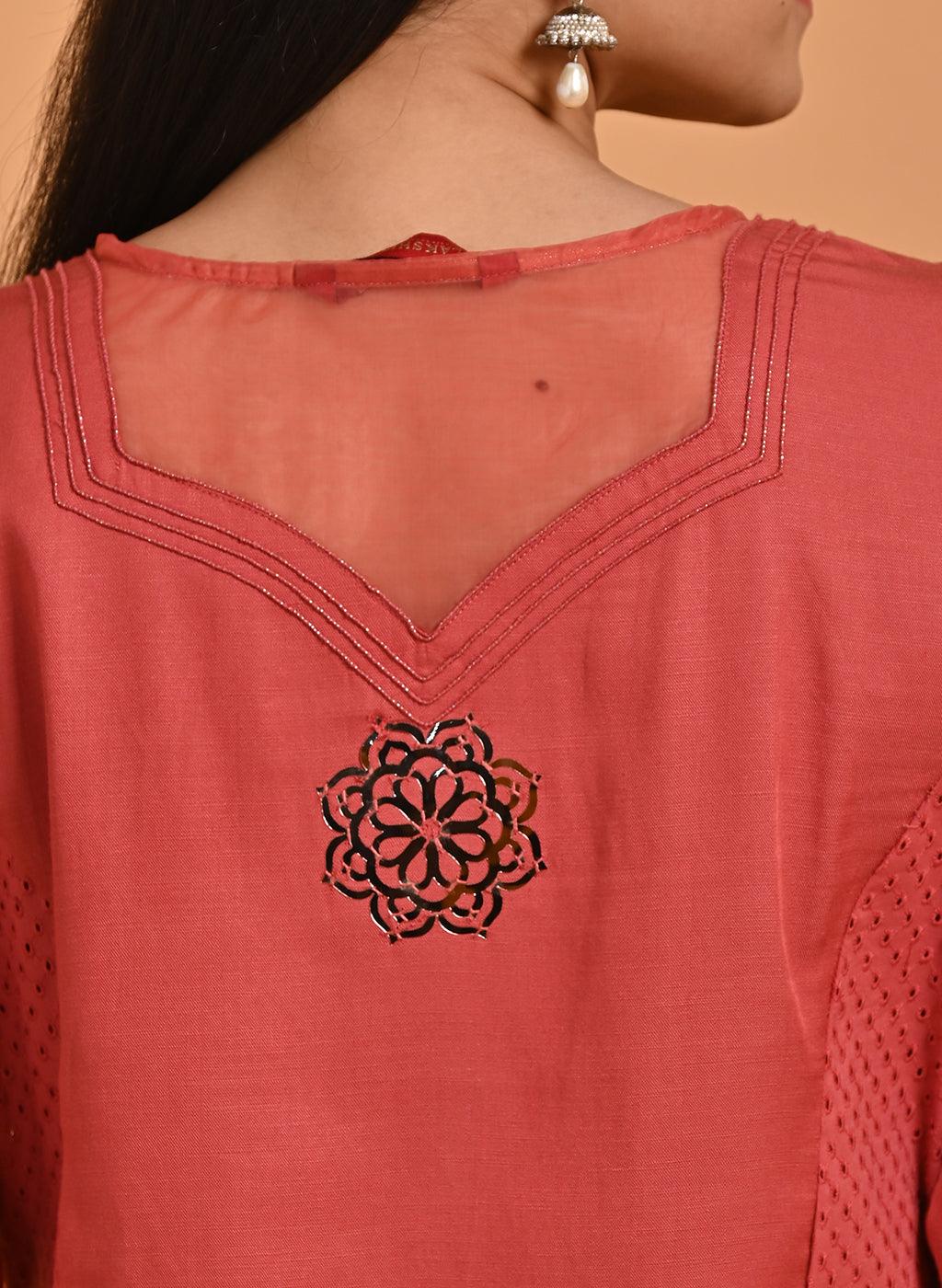 Light Maroon Embroidered Cotton Kurta with 3/4th Sleeves and Asymmetrical Hem - Lakshita