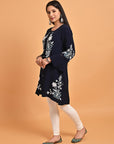 Midnight Blue Patchwork Embroidered Tunic with Asymmetrical Hemline - Lakshita