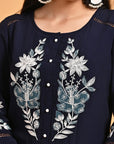 Midnight Blue Patchwork Embroidered Tunic with Asymmetrical Hemline - Lakshita
