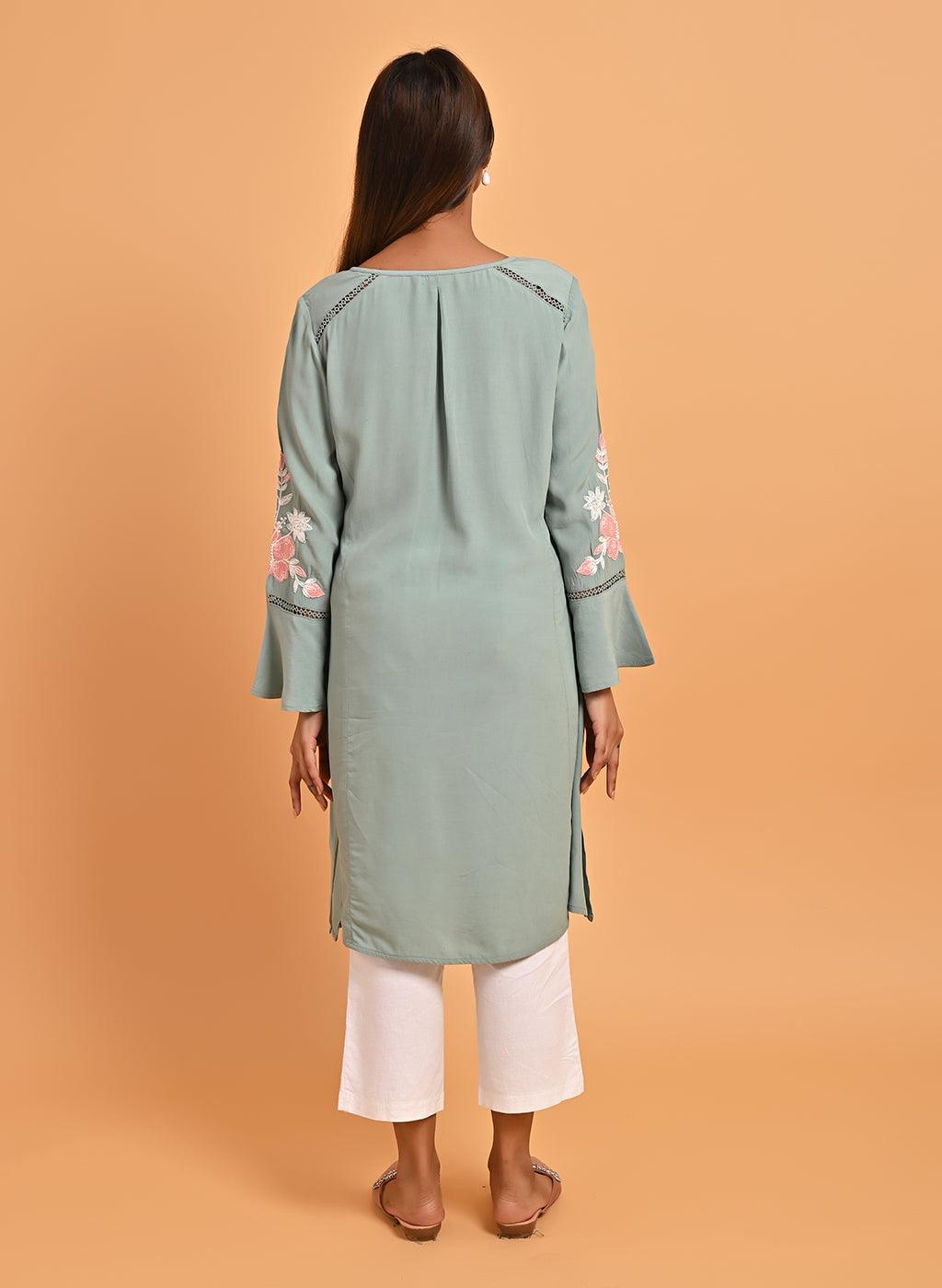Spa Blue Patchwork Embroidered Tunic with Asymmetrical Hemline - Lakshita