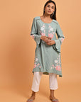 Spa Blue Patchwork Embroidered Tunic with Asymmetrical Hemline - Lakshita