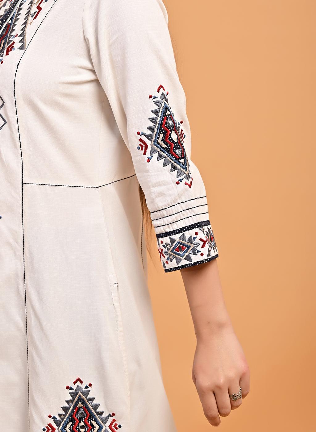 Ivory Long Straight Cotton Kurta with Geometrical Motif Embroidery - Lakshita
