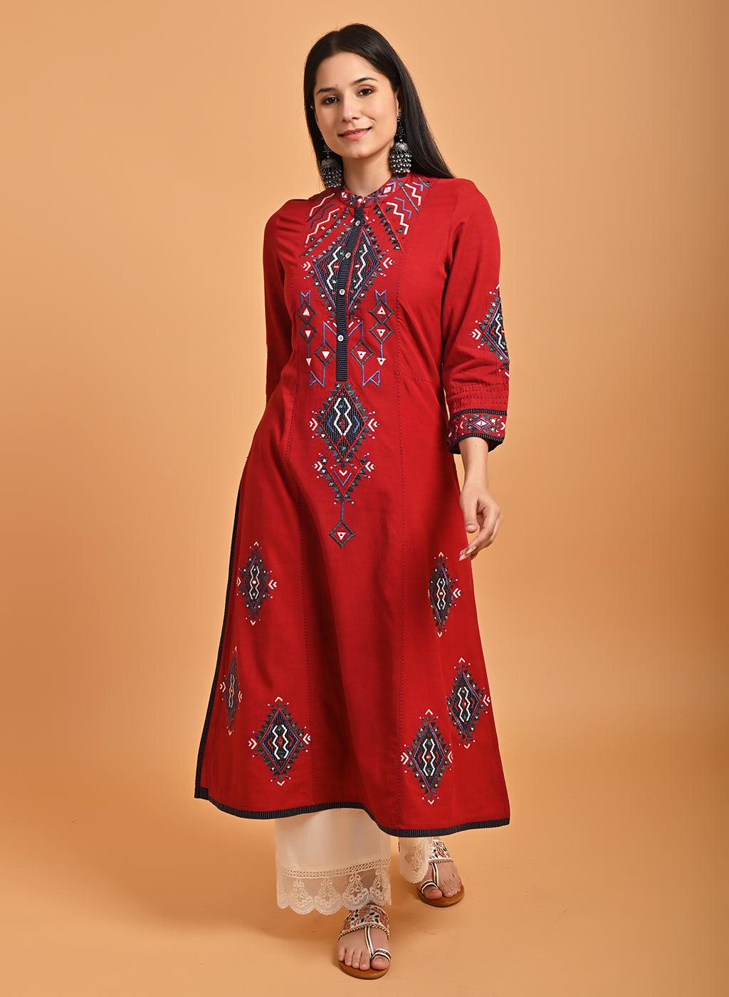 Red Long Straight Cotton Kurta with Geometrical Motif Embroidery - Lakshita