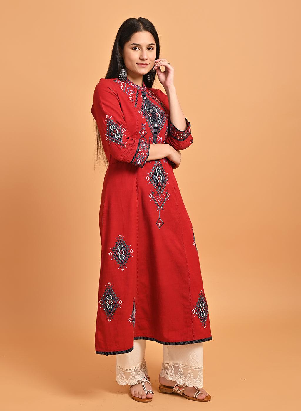 Red Long Straight Cotton Kurta with Geometrical Motif Embroidery - Lakshita