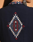 Navy Blue Long Straight Cotton Kurta with Geometrical Motif Embroidery - Lakshita