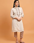 Ivory Long Kurta with Embroidery and Flared Sleeves - Lakshita