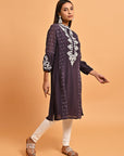 Purple Long Kurta with Embroidery and Flared Sleeves - Lakshita