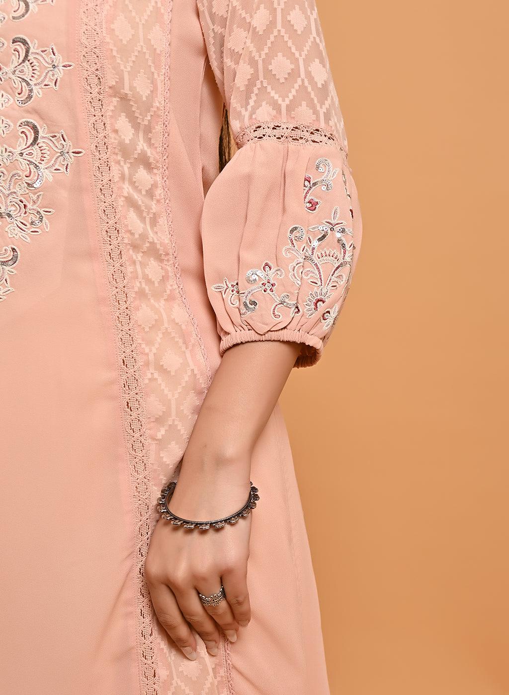 Peach Long Kurta with Embroidery and Flared Sleeves - Lakshita