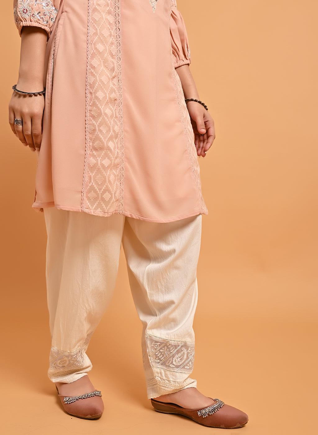 Peach Long Kurta with Embroidery and Flared Sleeves - Lakshita