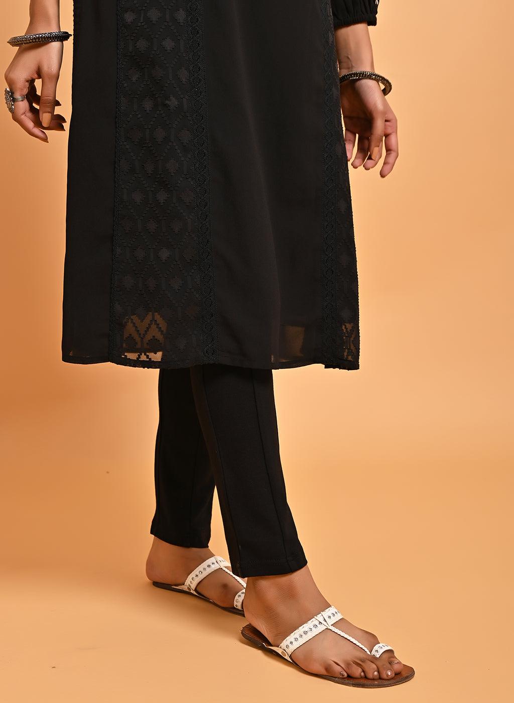 Black Long Kurta with Embroidery and Flared Sleeves - Lakshita