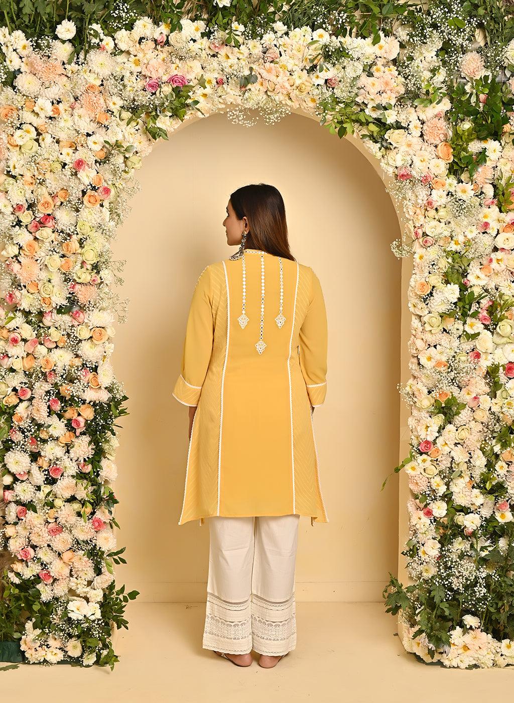 Yellow Embroidered Kurta with Asymmetrical Hemline and Mandarin Collar - Lakshita