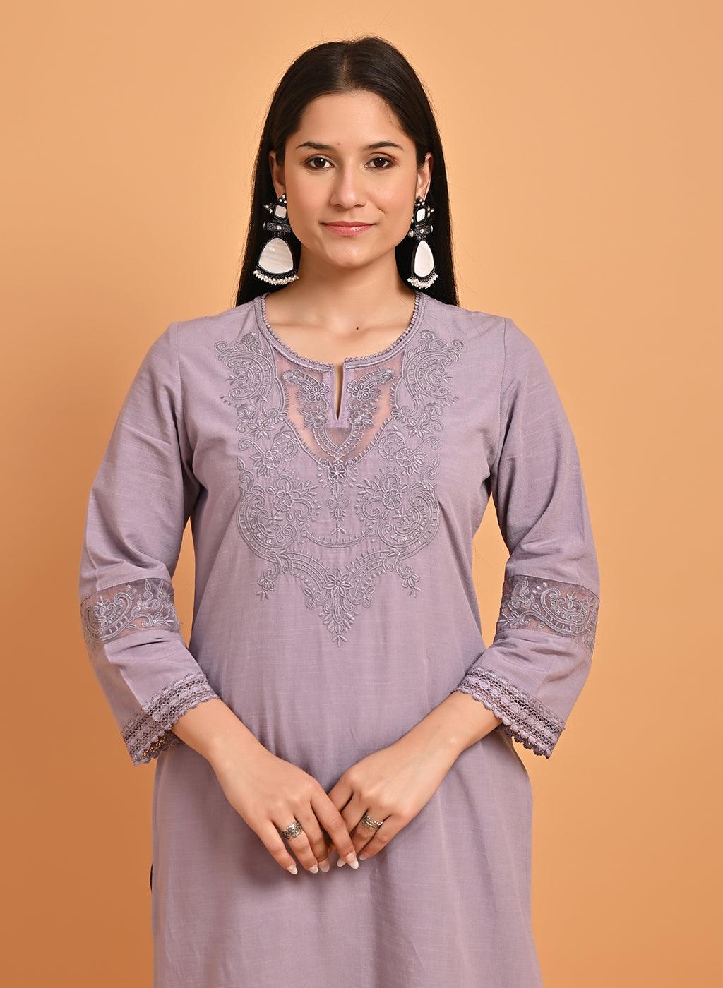 Lavender Kurta Set with Intricate Embroidery - Lakshita