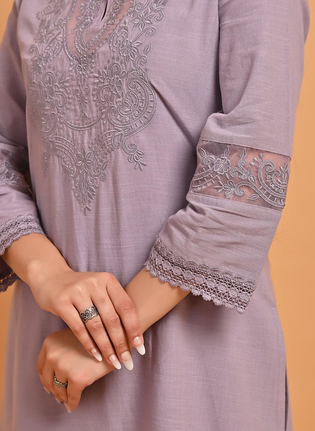 Lavender Kurta Set with Intricate Embroidery - Lakshita