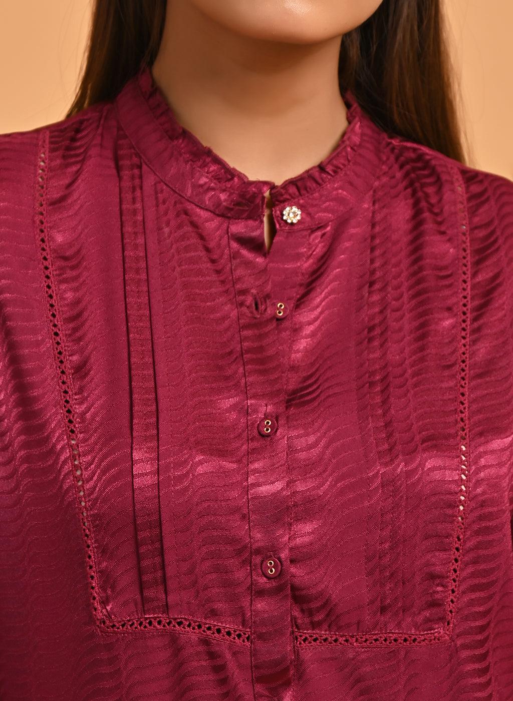 Fuchsia Satin Shirt with Balloon Sleeves and Open Front - Lakshita