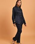 Navy Blue Satin Shirt with Balloon Sleeves and Open Front - Lakshita