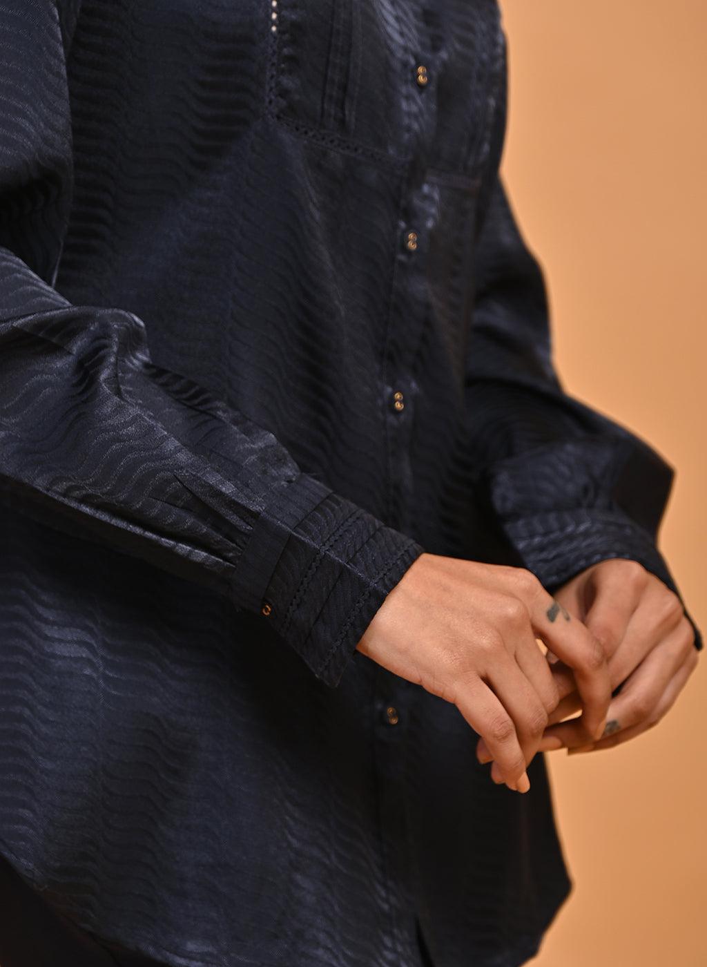 Navy Blue Satin Shirt with Balloon Sleeves and Open Front - Lakshita
