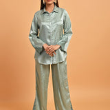 Green Co-ord Set with Net Inserts at Sleeves - Lakshita