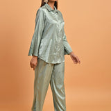 Green Co-ord Set with Net Inserts at Sleeves - Lakshita