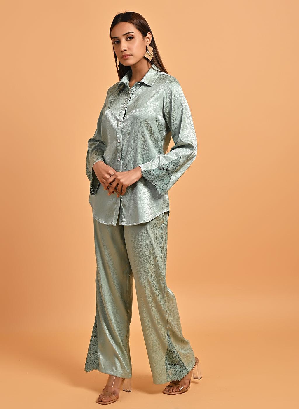 Green Co-ord Set with Net Inserts at Sleeves - Lakshita