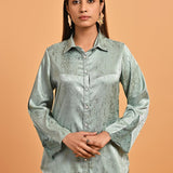 Green Co-ord Set with Net Inserts at Sleeves - Lakshita