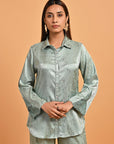 Green Co-ord Set with Net Inserts at Sleeves - Lakshita