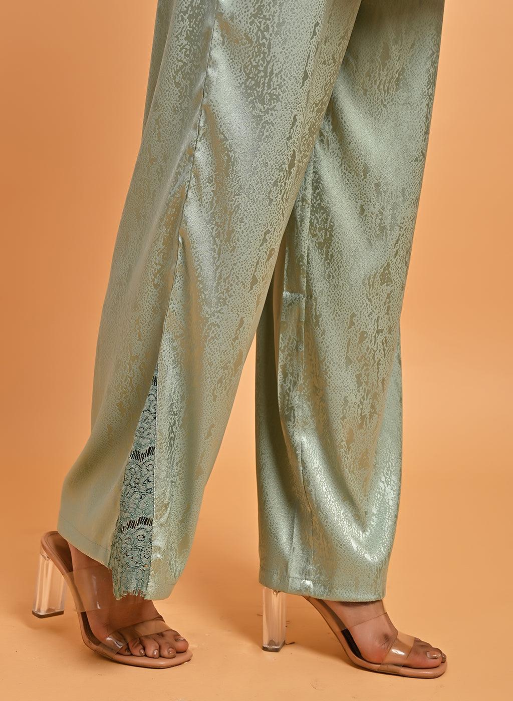 Green Co-ord Set with Net Inserts at Sleeves - Lakshita