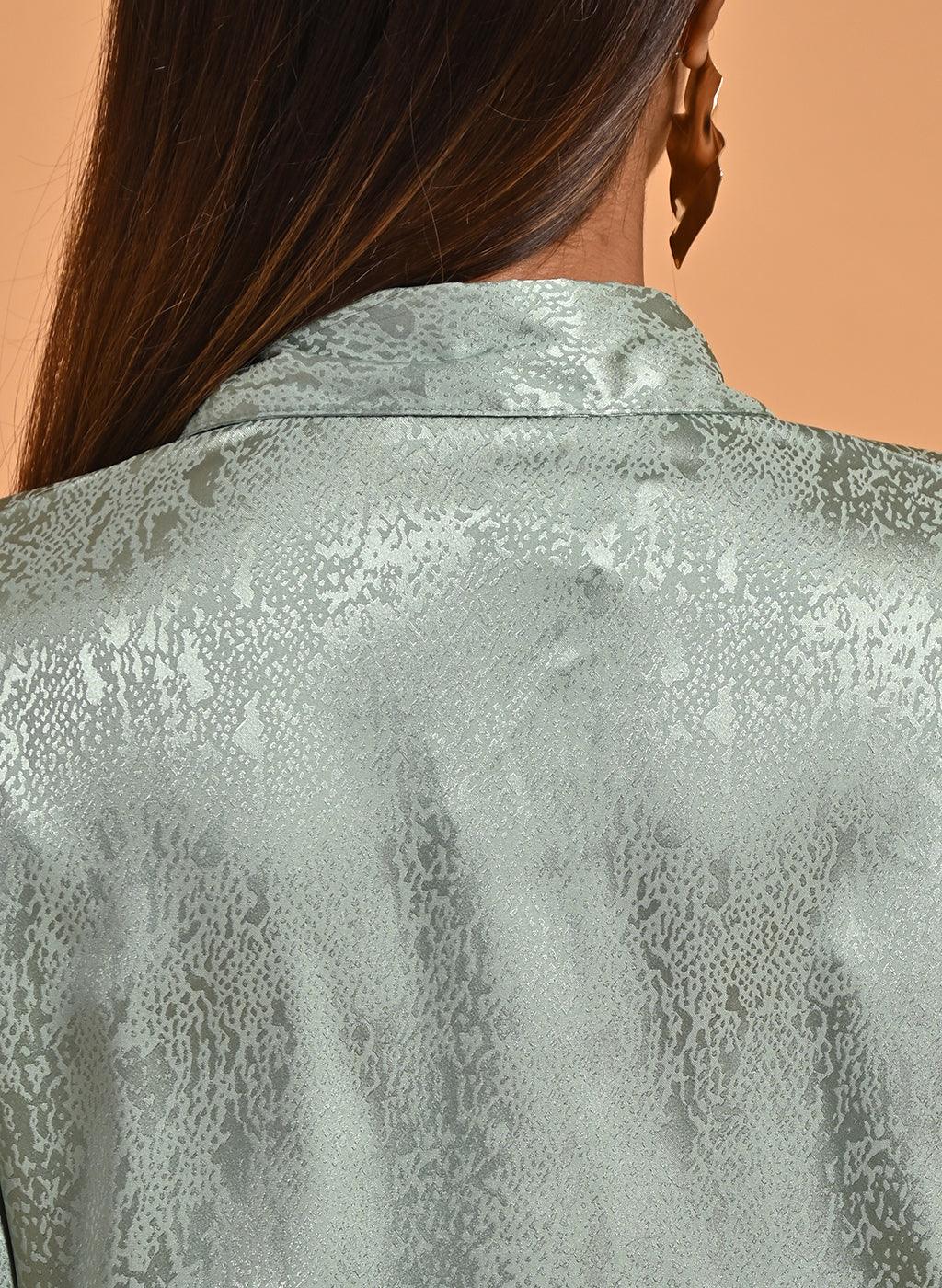 Green Co-ord Set with Net Inserts at Sleeves - Lakshita