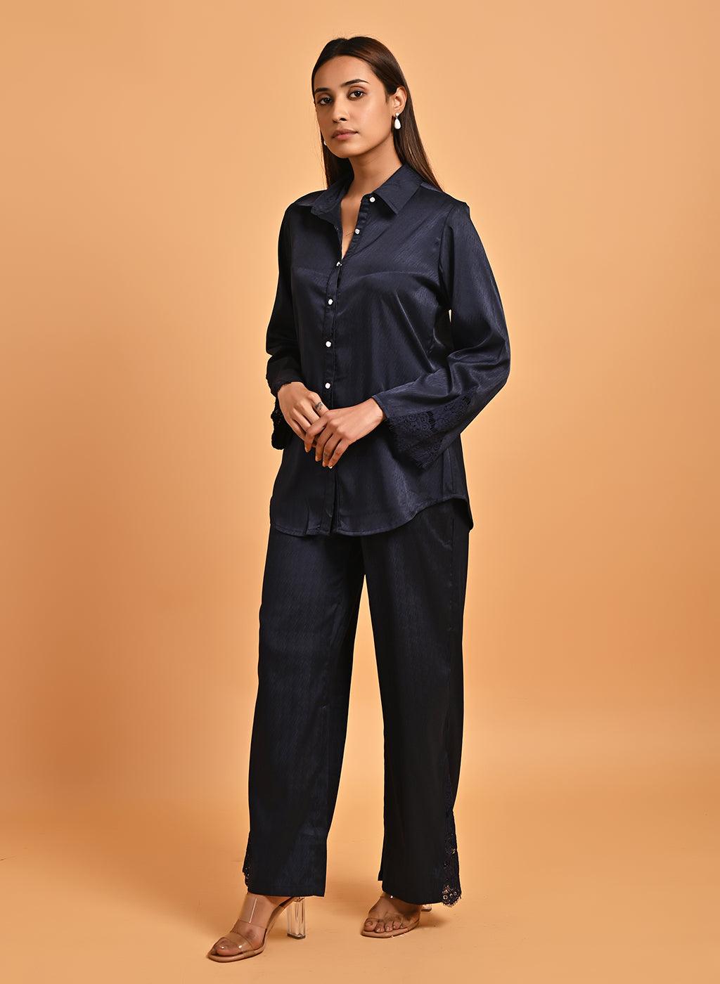 Midnight Blue Co-ord Set with Net Inserts at Sleeves - Lakshita